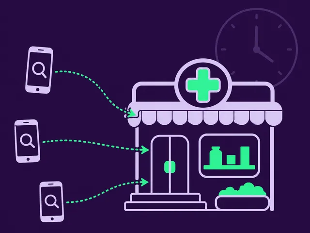 Tre smartphone con ricerche dirette verso una farmacia