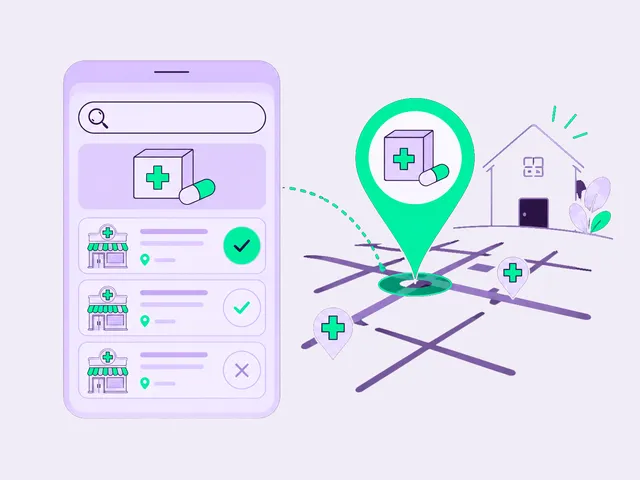 Ricerca di un farmaco sullo smartphone e farmacia più vicina trovata sulla mappa